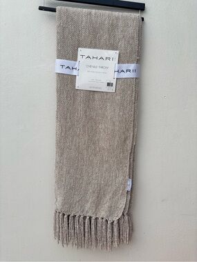 Tahari Neutral Beige Chenille Throw with Fringe